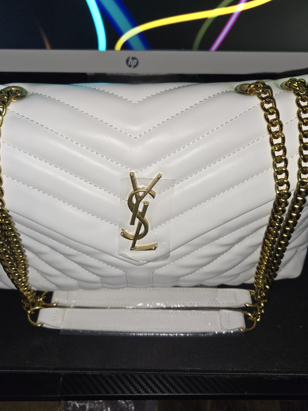White Chevron Quilted Shoulder Bag with Gold Chain